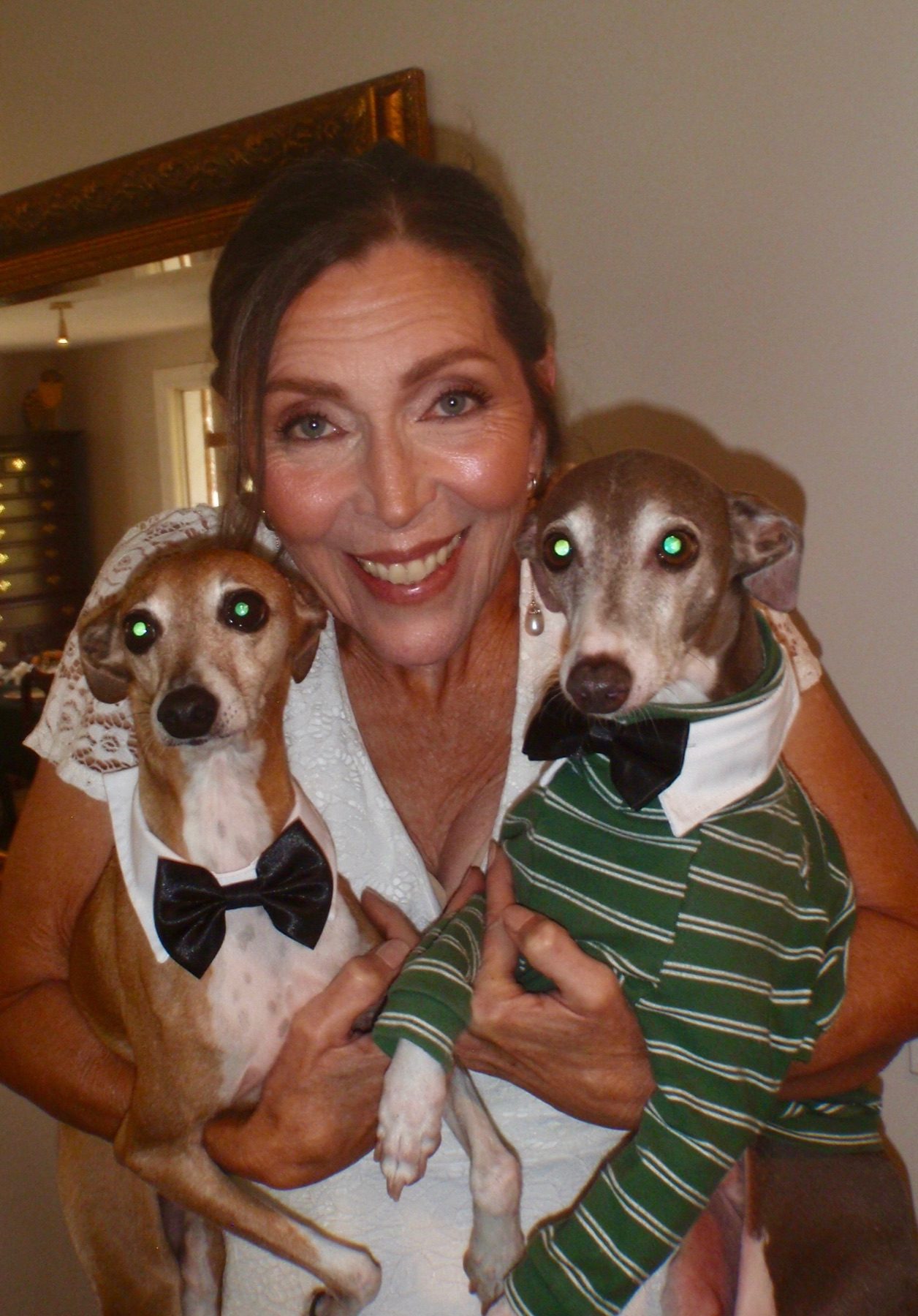 Deborah holding both Italian Greyhounds in bow ties, looking at camera