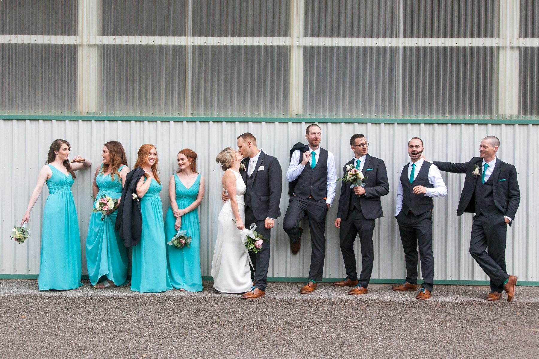 Wedding party laughing together