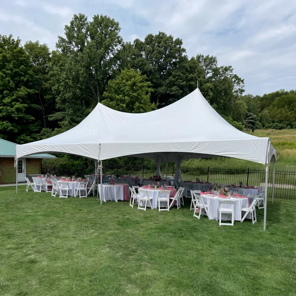 Tented dinner with pink and white table settings on the lawn
